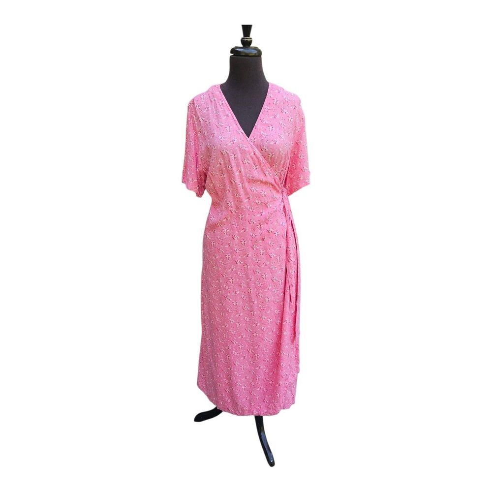 April Cornell Pink Floral Midi Wrap Dress Size Med Flutter Sleeves 100% Cotton